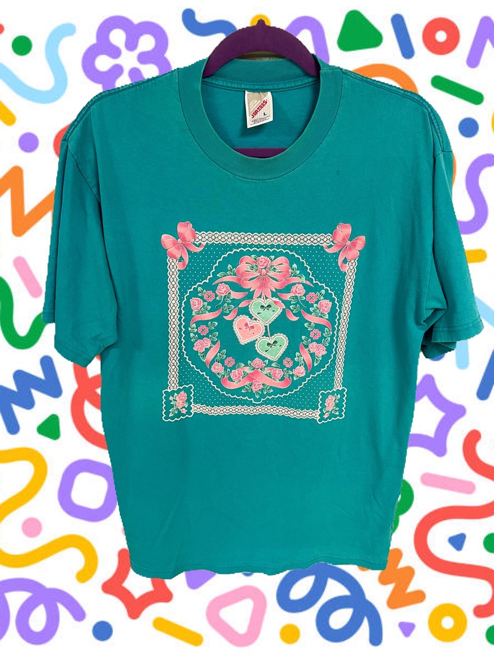 Vtg Jerzees teal tee with sparkly bows and floral print